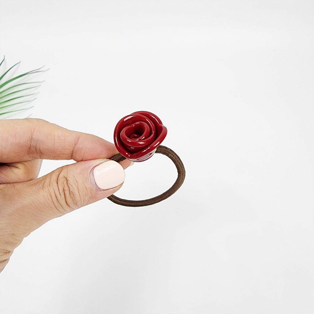 Pure Color Rose Blossom Hair Tie / Simple Tortoise Shell Ponytail Holder / Hair Accessory for Woman / French Hair Tie