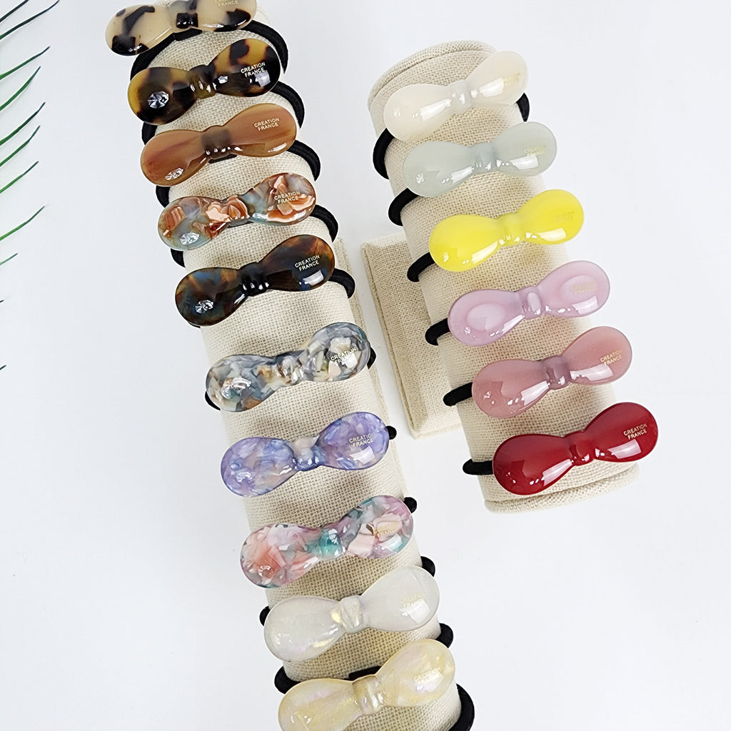 Cellulose acetate round bow hair tie in 20 colors, cute mini ribbon ponytail holder, glossy minimalist accessory for birthday gifts.