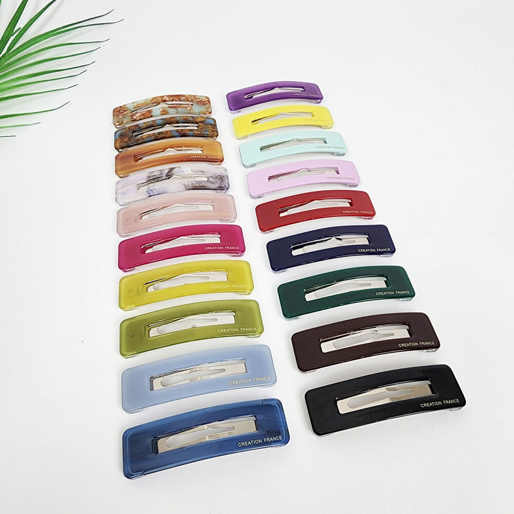 Cellulose acetate rectangular hollow snap hair clips in pastel and tortoise shell colors. 2.6 inch geometric square barrettes for women's side bangs. Minimalist 90s retro style Korean accessory.