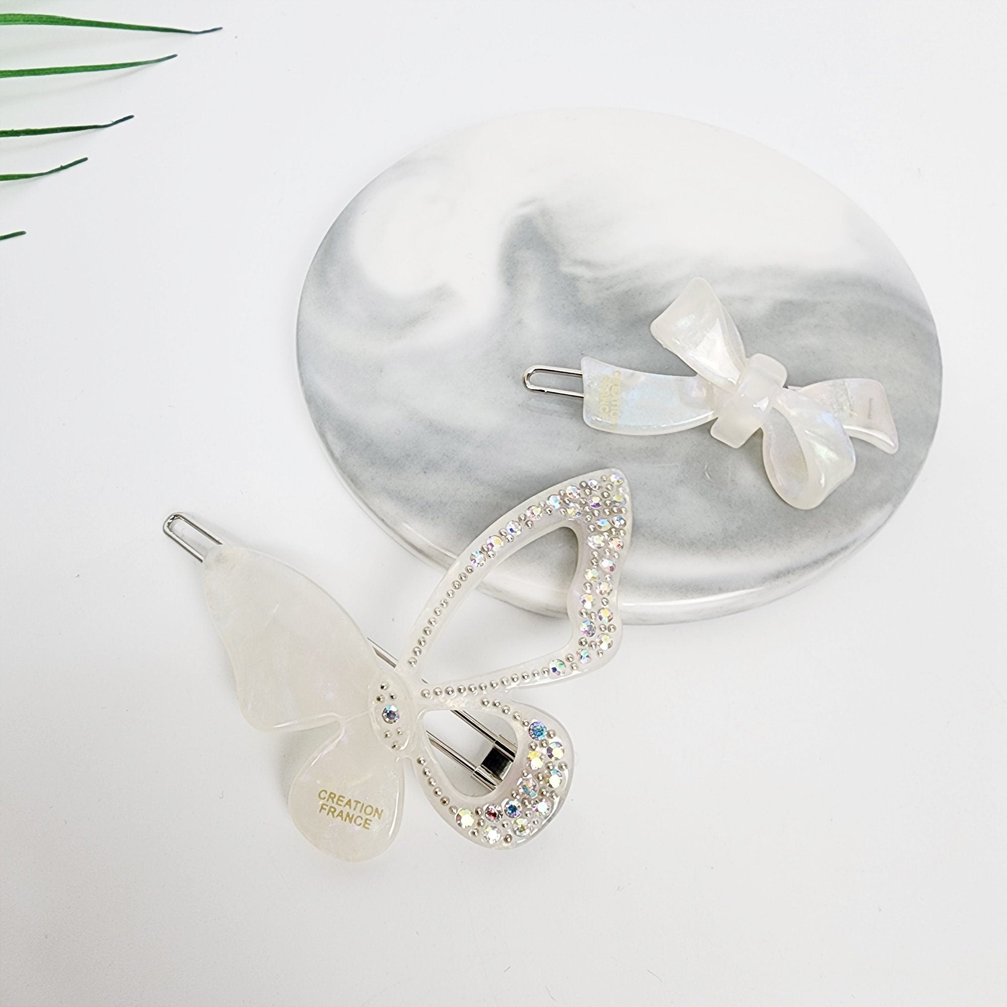 Aurora White Double Ribbon Cubic Butterfly Bobby Pin / Tortoise Shell French Hair Pin Clip / Hair Accessory for Woman / Bow Barrette