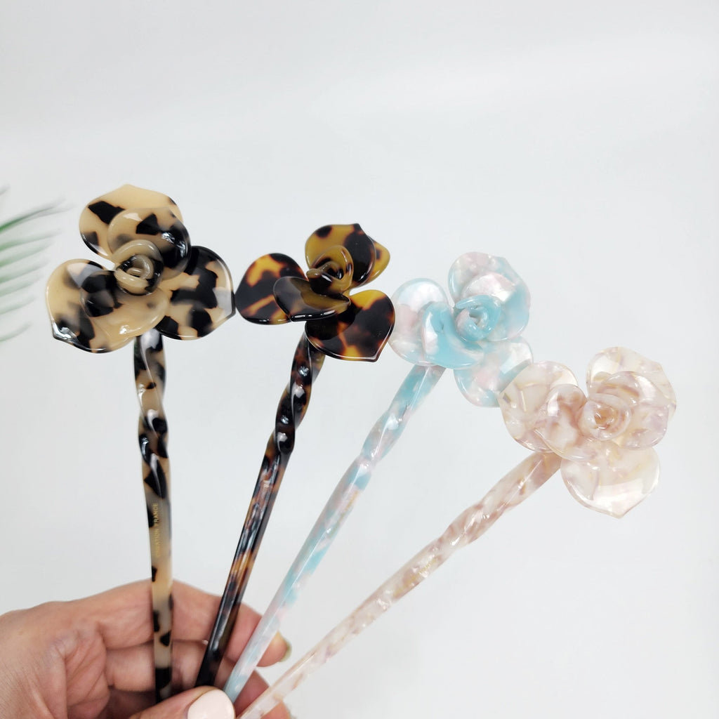 Blossom Flower Long Hair Stick (7.9 Inch) / Tortoise Shell French Hair Pin / Hair Fork for Thick Hair