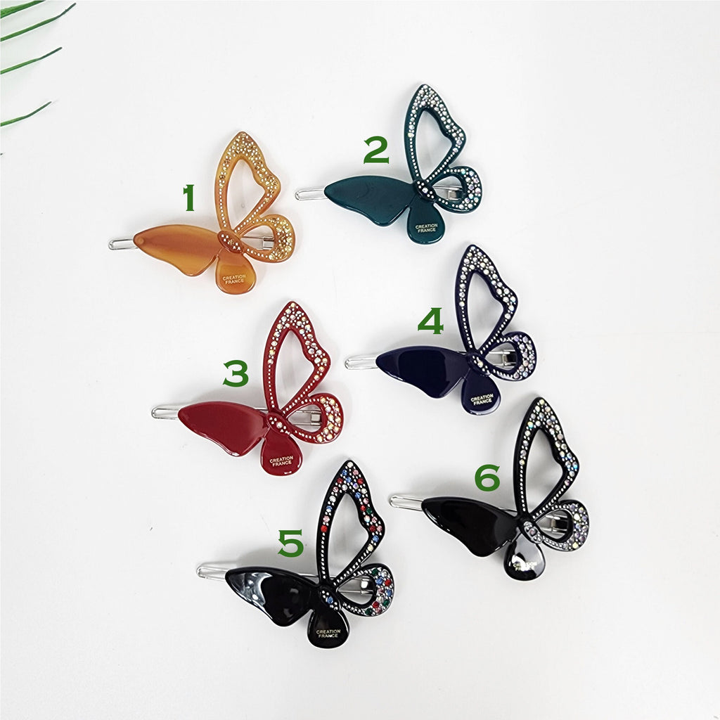 Pure Color Cubic Stone Butterfly Manual Snap Clip Bobby Pin (2.2 Inch) / Vintage French Hair Pin / Bow Barrette for Thin Hair