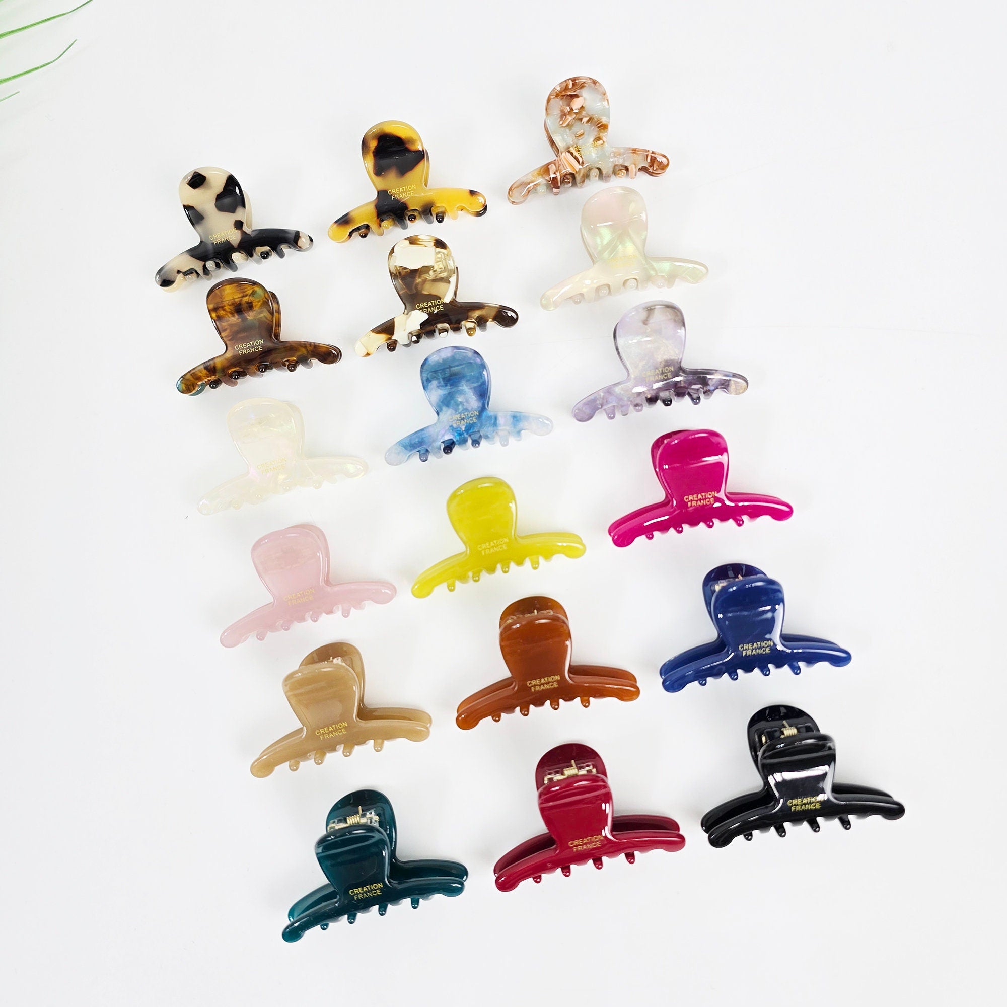 Cellulose acetate small round hair claw clip in olive green and multi colors, 1.9 inch mini jaw clamp for half up hairstyle.