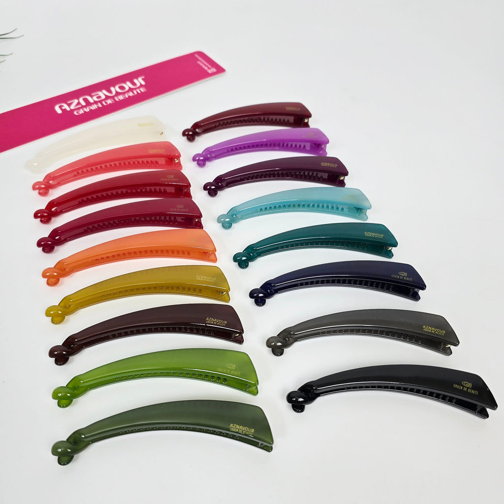 Cellulose acetate skinny banana clip in glossy solid colors, 4.3 inch curved ponytail holder with internal teeth, minimalist Korean hair accessory for women.