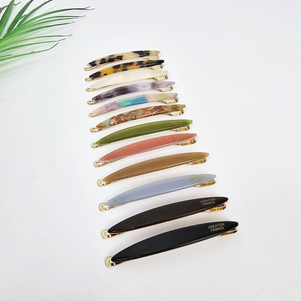 Cellulose acetate long oval hair pin with gold slide backing. Minimalist tortoise shell and solid color bobby pin for side bangs.