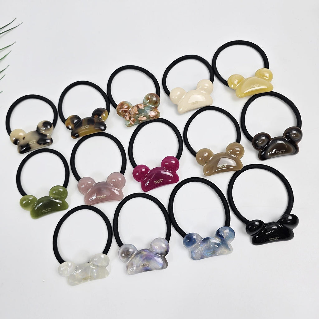 Cellulose acetate mouse shaped hair tie with glossy finish, durable elastic band, cute animal accessory for girls and women ponytail holder.