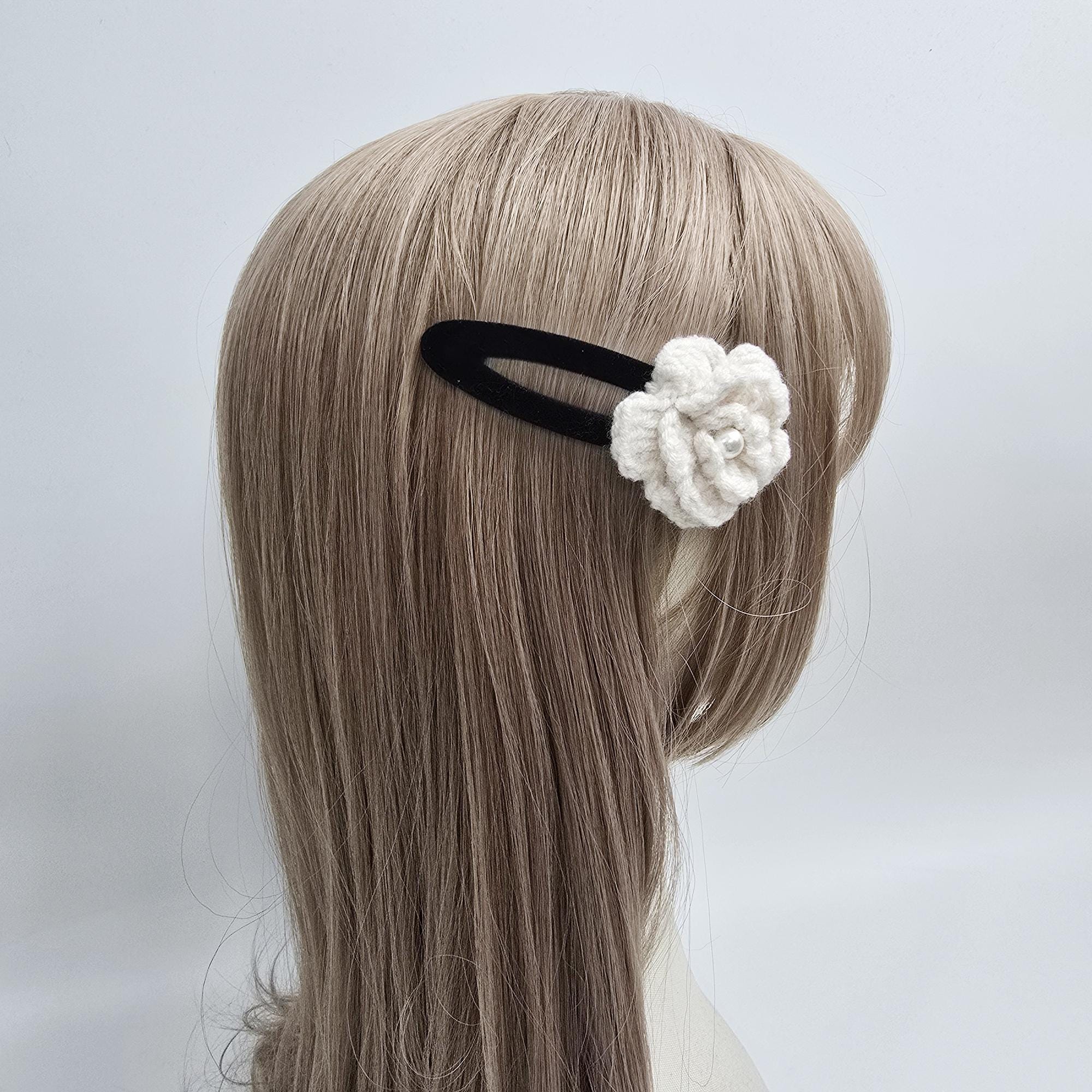 Crochet Flower Pearl Accent Round Snap Clip (3.3 Inch) / French Hair Pin / Tic Tac Hair Clip Pin