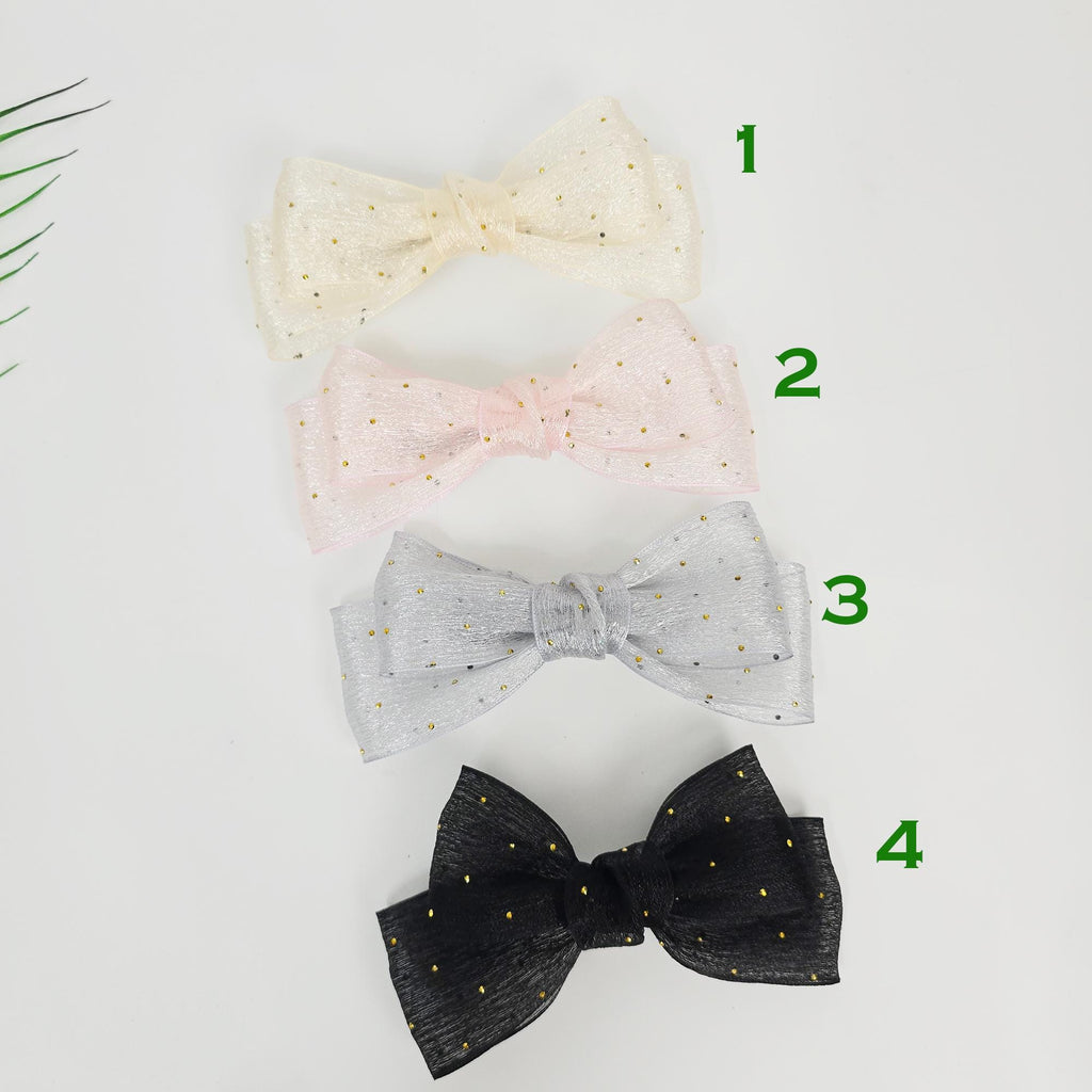 Sheer Chiffon Mini Gold Big Ribbon Flat Barrette (3.1 Inch) / Elegance French Hair Pin / Automatic Hair Clip