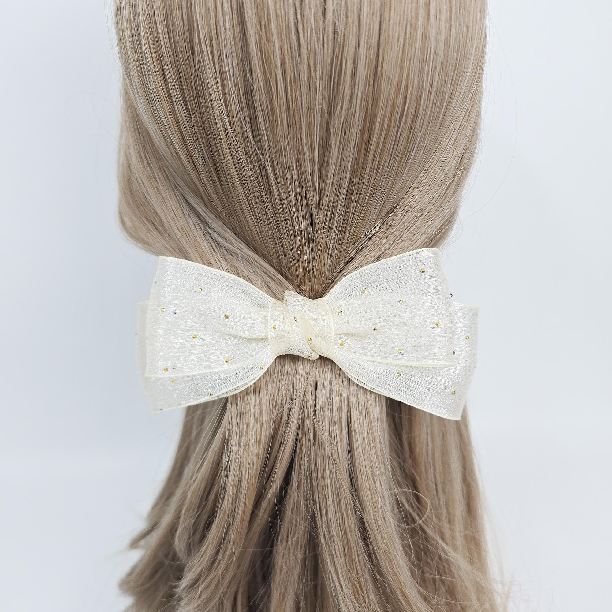 Sheer Chiffon Mini Gold Big Ribbon Flat Barrette (3.1 Inch) / Elegance French Hair Pin / Automatic Hair Clip