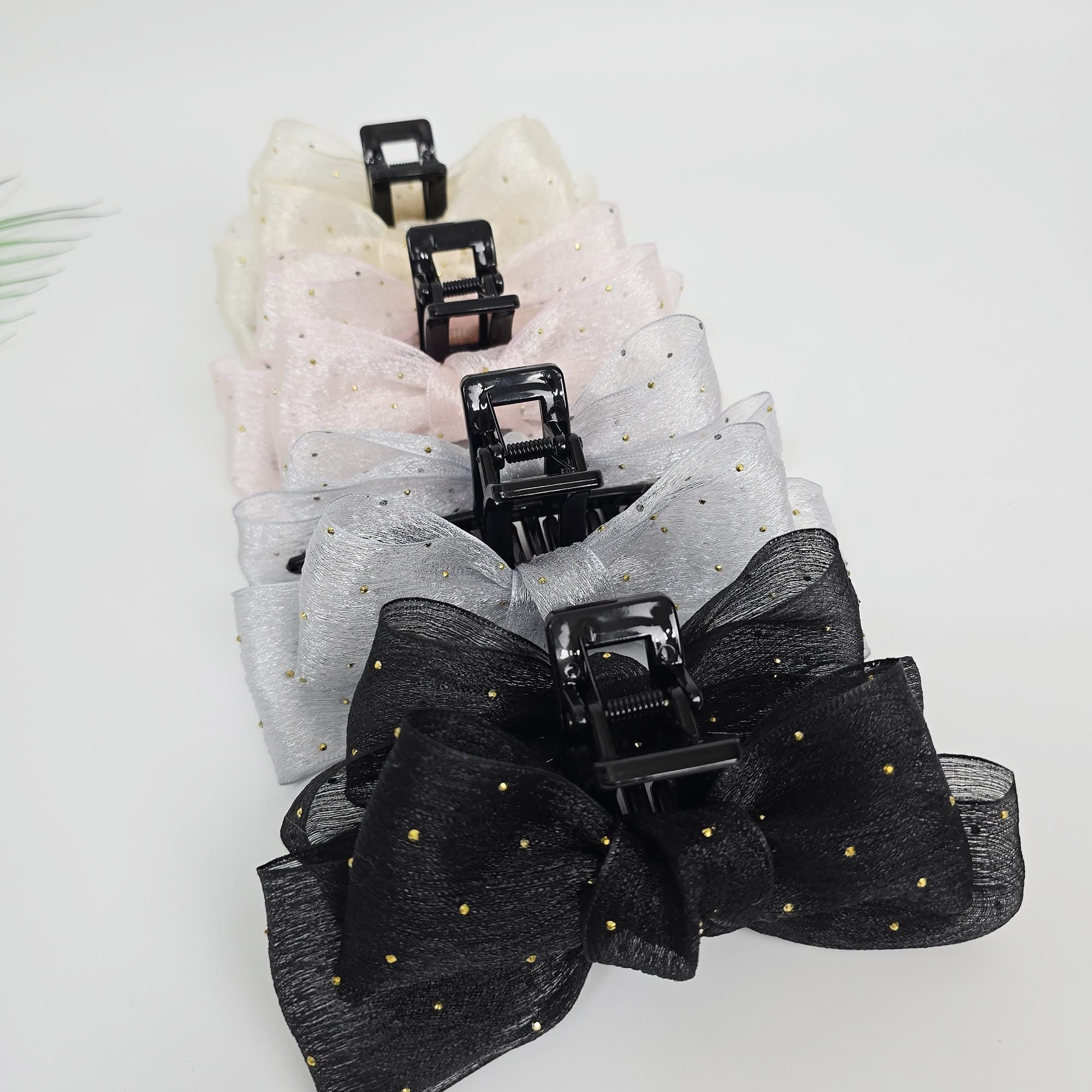 Sheer Chiffon Mini Gold Big Ribbon Updo Hair Claw Clip (5.1 Inch) / Large Hair Claw / Hair Accessory for Woman
