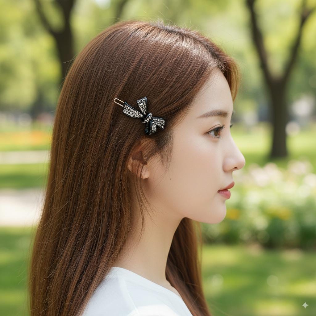 Extra Mini Double Ribbon Bobby Pin with Cubic Stone (1.8 Inch) / Luxurious French Pin / Hair Accessory for Woman / Snap Clip for Thin Hair