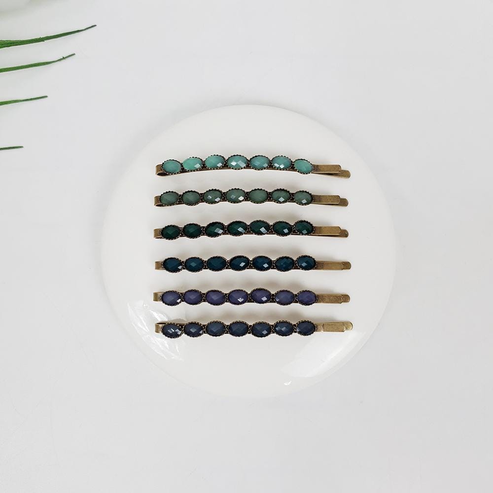 Formica Thin Hair Pin (2.4 Inch ) / Diamond Cut Formica Stone Decorated Barrette / Vintage Antique Hair Accessory for Woman