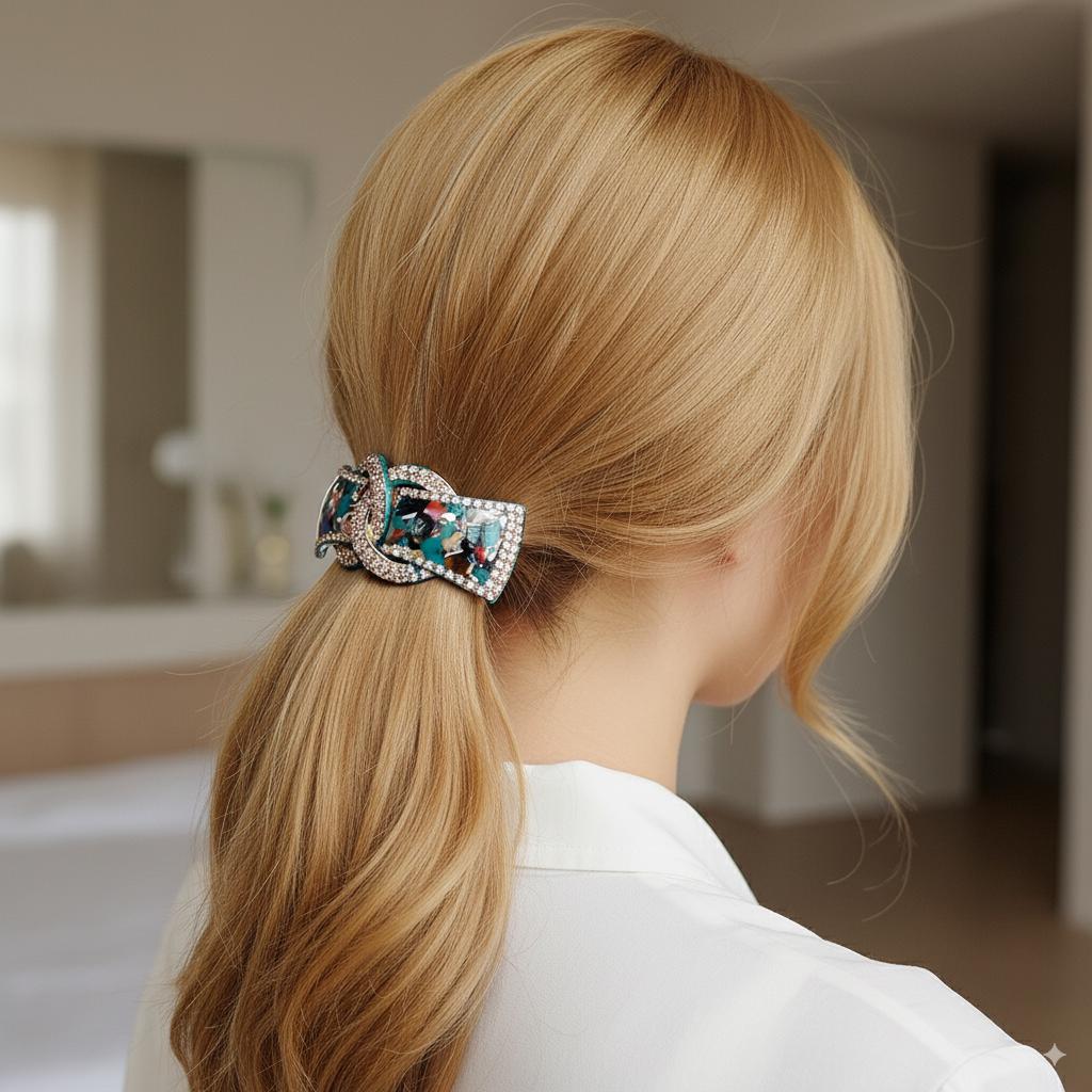 Leopard Luxurious Hair Barrette with Cubic Stone Chain / Tortoise Shell French Hair Pin / Hair Accessory for Woman / Automatic Hair Clip
