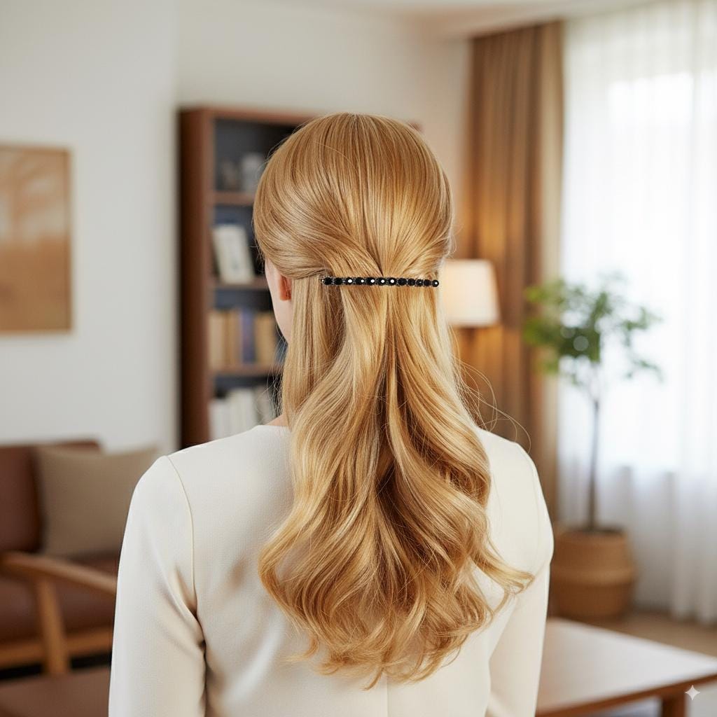 Oval Formica Hair Barrette (4.0 Inch) / Diamond Cut Formica Stone Decorated Barrette / Vintage Antique Hair Accessory / Automatic Hair Pin