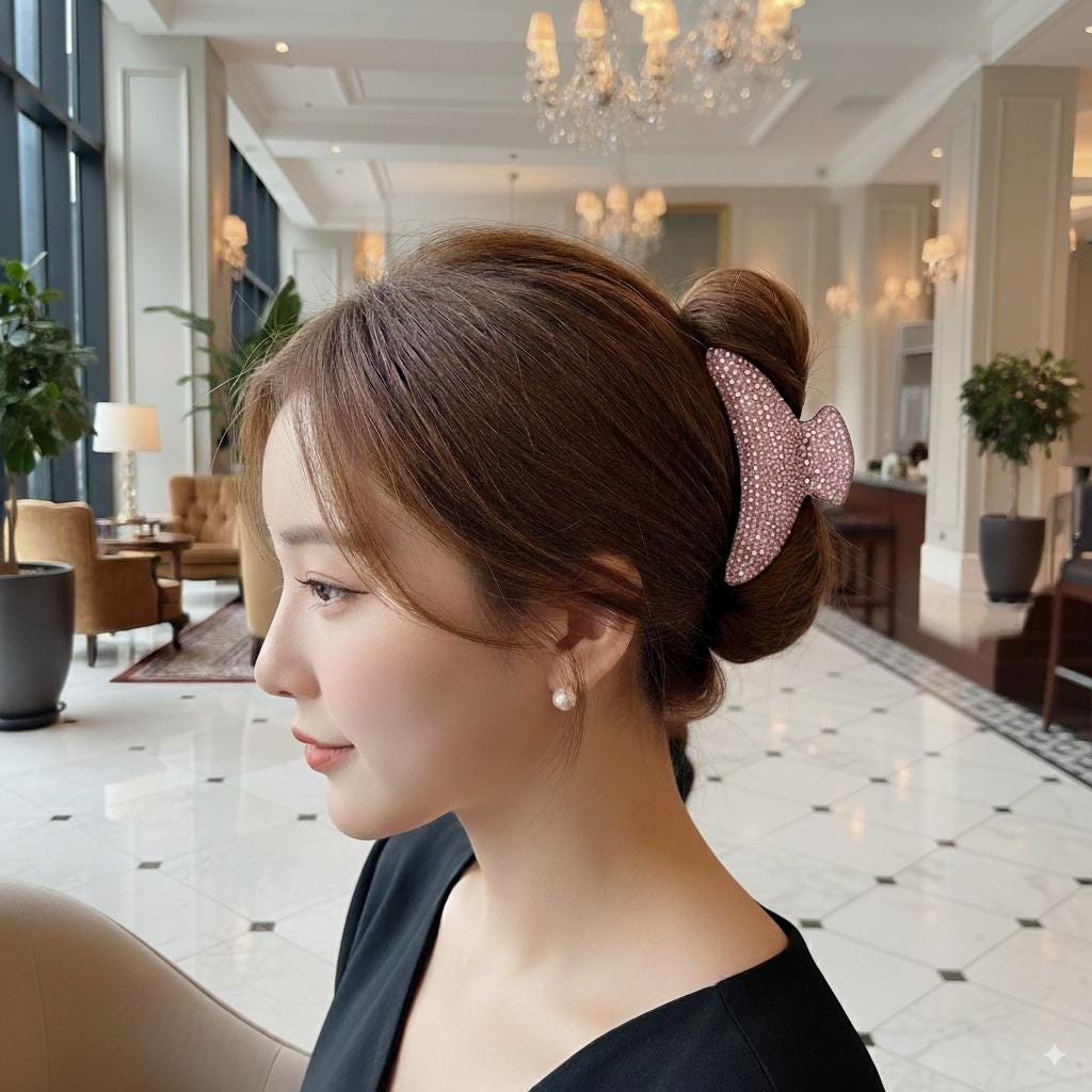 Black Half Moon Cubic Stone Big Hair Clip (4.0 Inch) / Luxurious Double Clip French Hair Pin / Hair Barrette for Woman