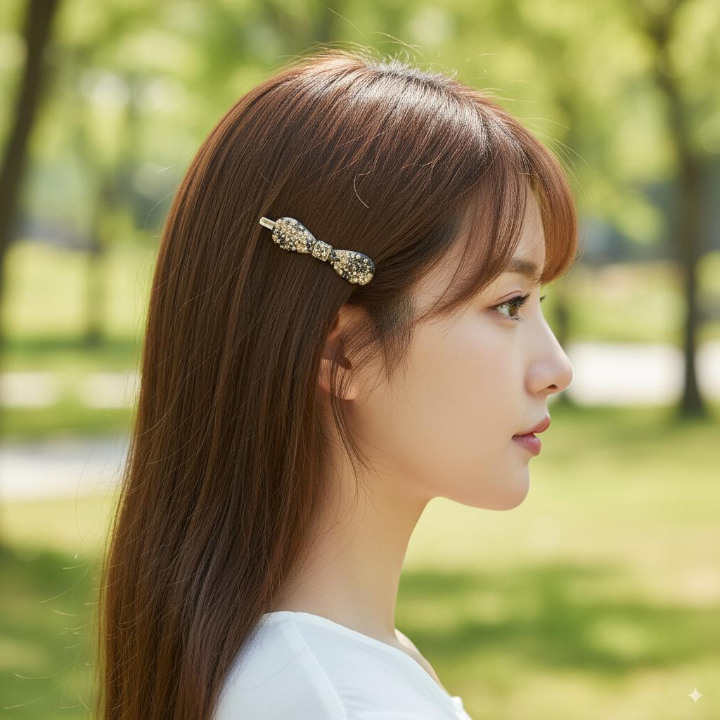 Lucid Cubic Stone Round Ribbon Bobby Pin (2.0 Inch) / Tortoise Marble French Hair Pin Clip / Hair Accessory for Woman / Bow Barrette