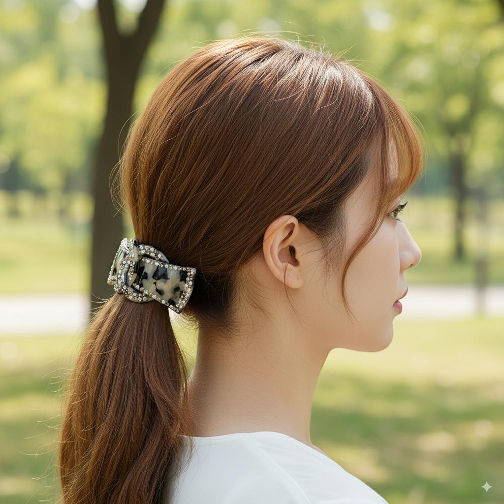 Leopard Luxurious Hair Barrette with Cubic Stone Chain / Tortoise Shell French Hair Pin / Hair Accessory for Woman / Automatic Hair Clip
