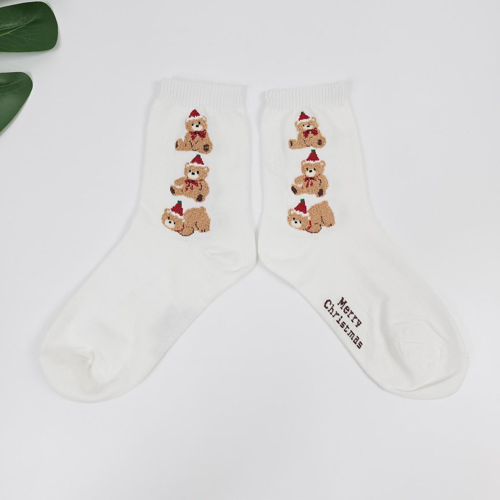 Christmas Socks | Santa Bear Cotton Crew | Korean Socks | Cute Winter Gift