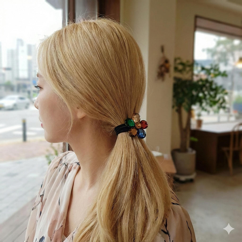 Swarovski Point Glass Flower Hair Tie / Three Line Ponytail Holder / Hair Accessory for Woman