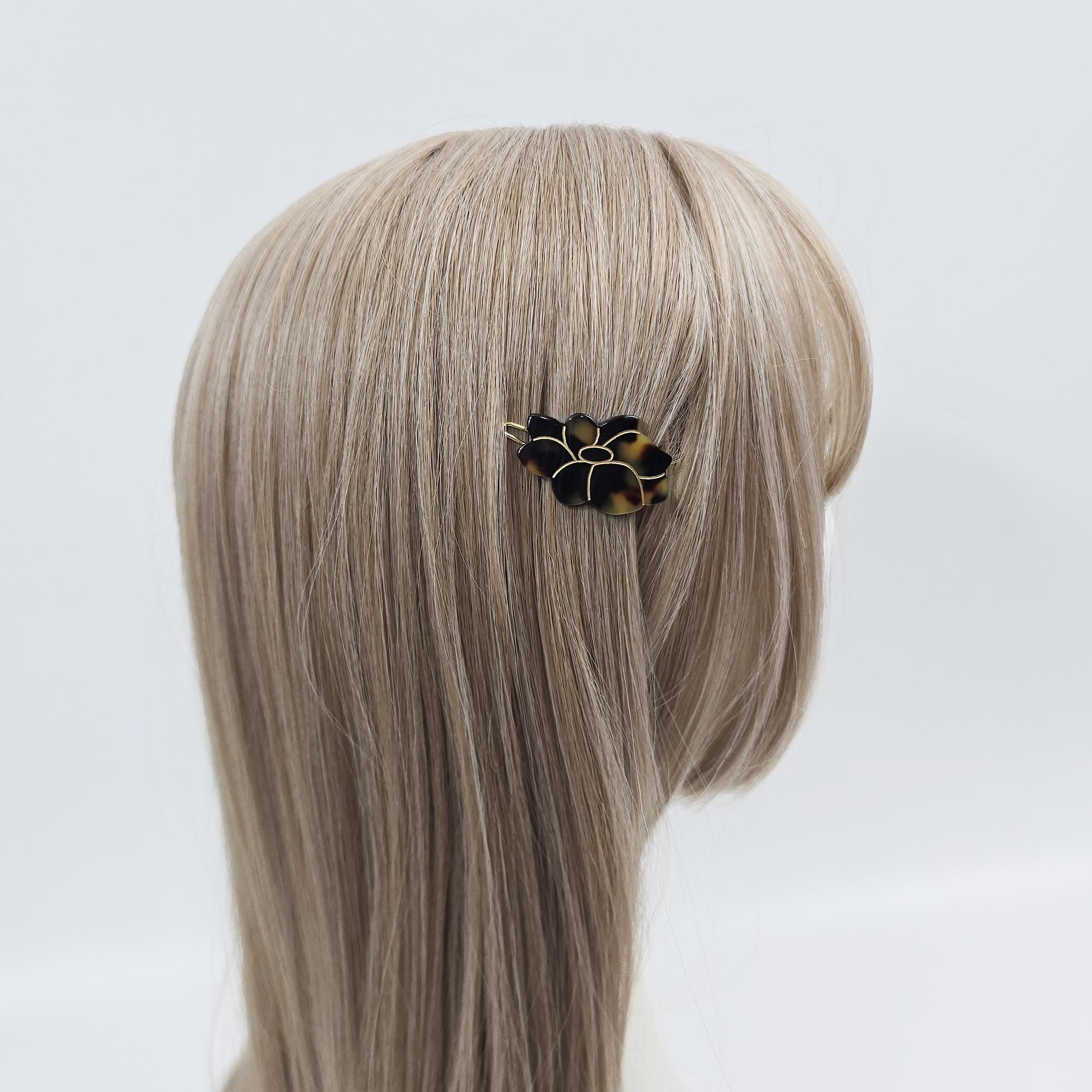 Camellia Floral Acetate Barrette (1.6 Inch) | French Pin | Korean Hair Pin | Small Tortoise Shell Snap Clip