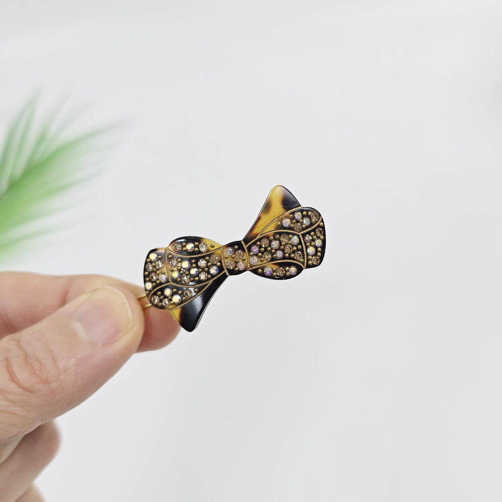 Crystal Bow Barrette (1.8 Inch) | French Pin | Korean Hair Pin | Tortoise Shell Accessories