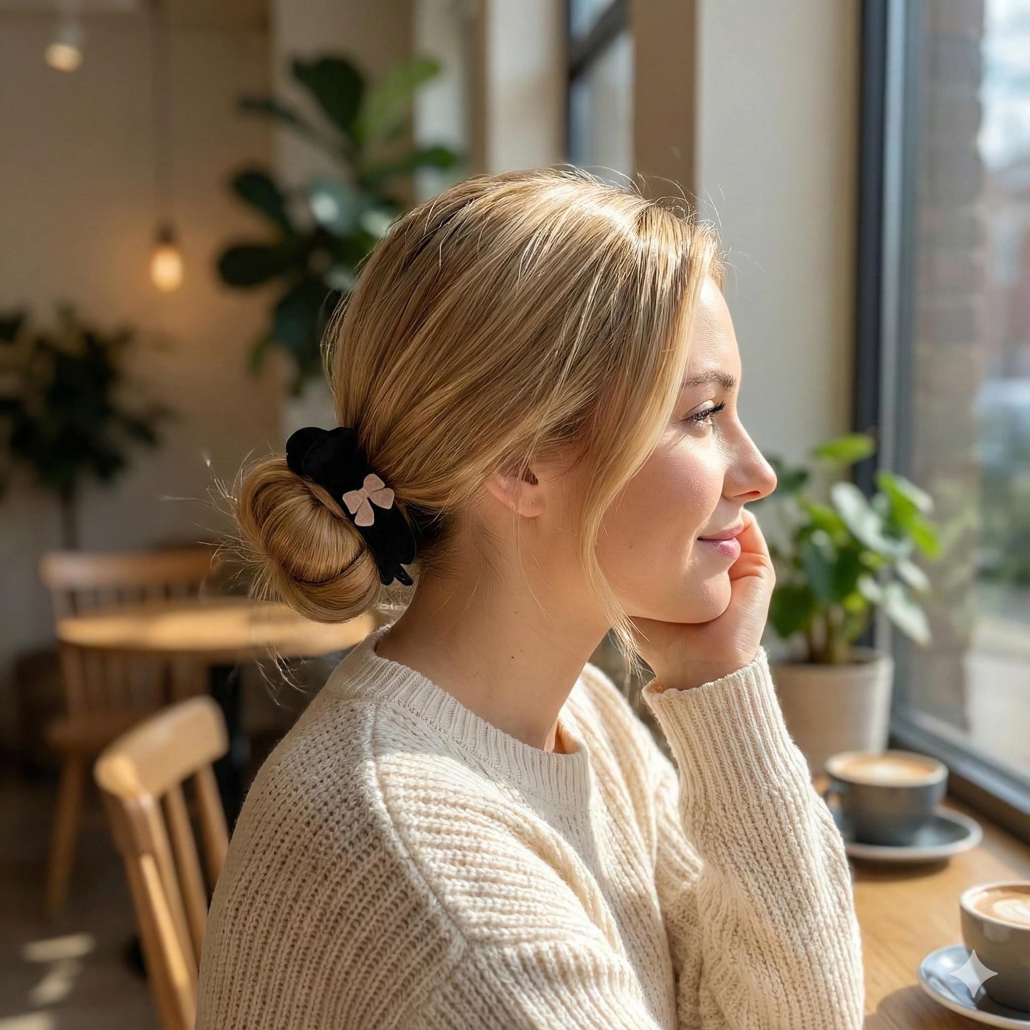 Black Velvet Mini Ribbon Two Leg Low Bun Hair Claw Clip / Medium Size Ponytail Holder / Hair Barrette for Woman