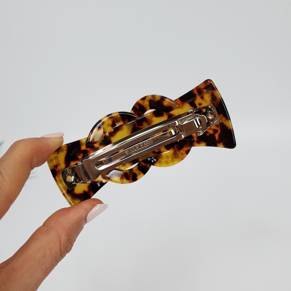Leopard Luxurious Hair Barrette with Cubic Stone Chain / Tortoise Shell French Hair Pin / Hair Accessory for Woman / Automatic Hair Clip