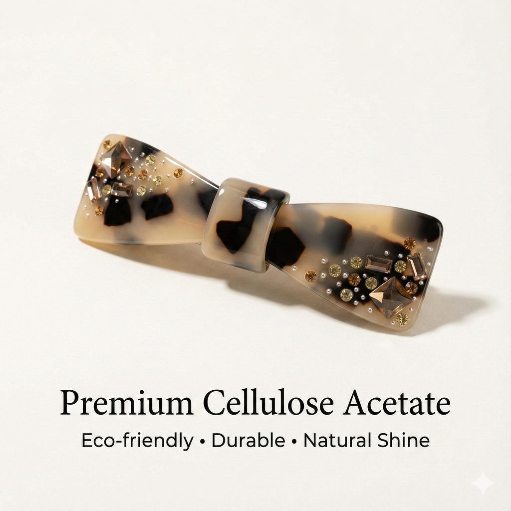 Leopard Bow Tie Hair Barrette with Cubic Stone / Tortoise Shell French Hair Pin / Hair Accessory for Woman / Automatic Hair Clip