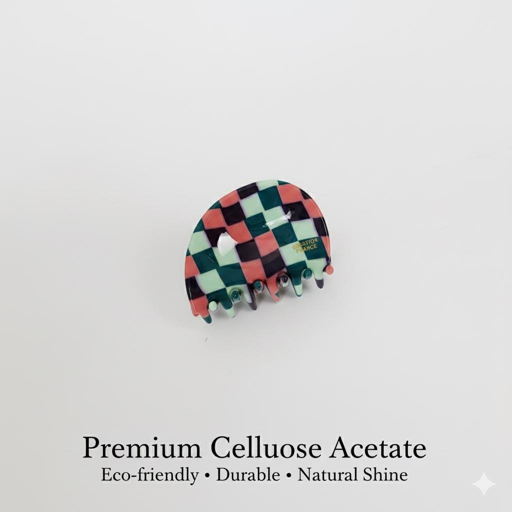 Checker Board Pebble Small Hair Clip (1.8 Inch) / Cute French Hair Pin / Hair Accessory for Woman