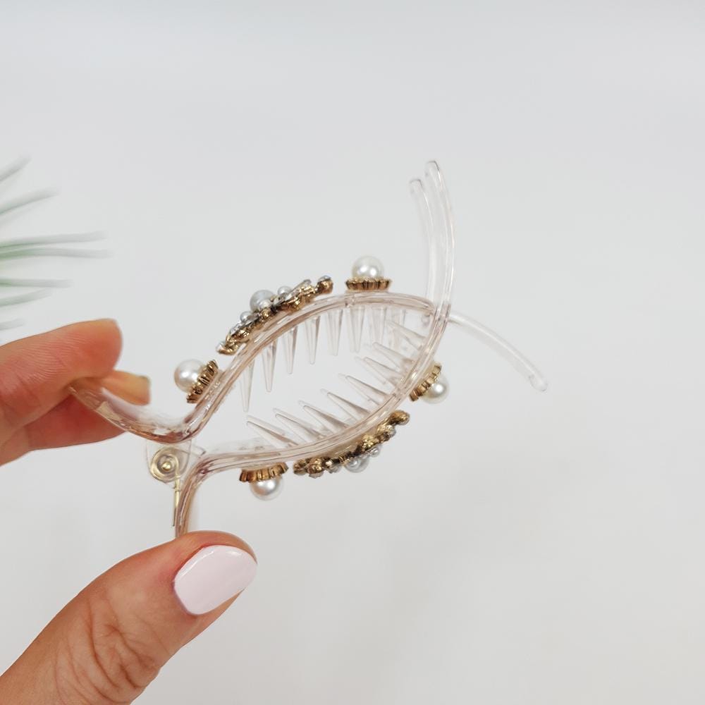 Luxurious Antique Round Cubic Pearl Hair Claw Clip / Vintage Ponytail Hair Claw / Hair Barrette for Woman / Pearl Barrette