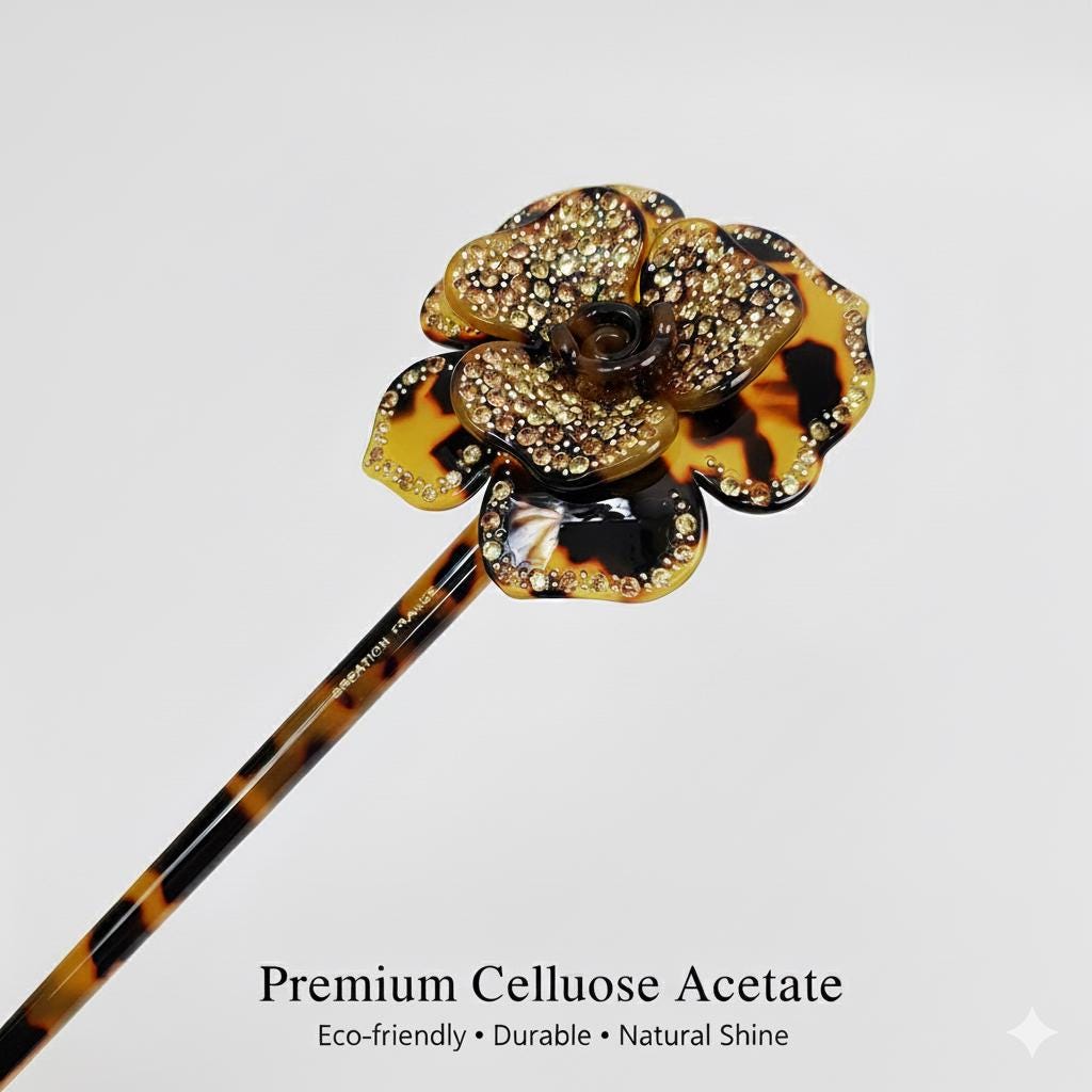 Rose Floral Long Hair Stick (8.0 Inch) / Leopard French Hair Pin with Cubic Stone / Hair Fork for Thick Hair / Flower Hair Pin