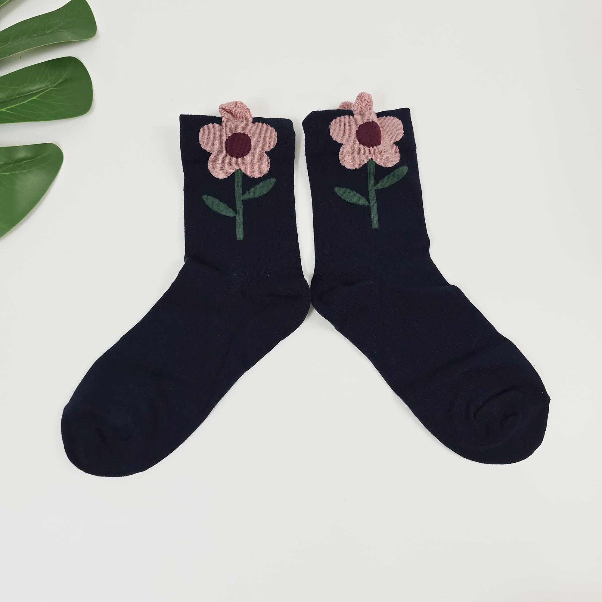 Floral Socks | Cotton Crew Embroidered Cozy | Korean Socks | Cute Gift for Her