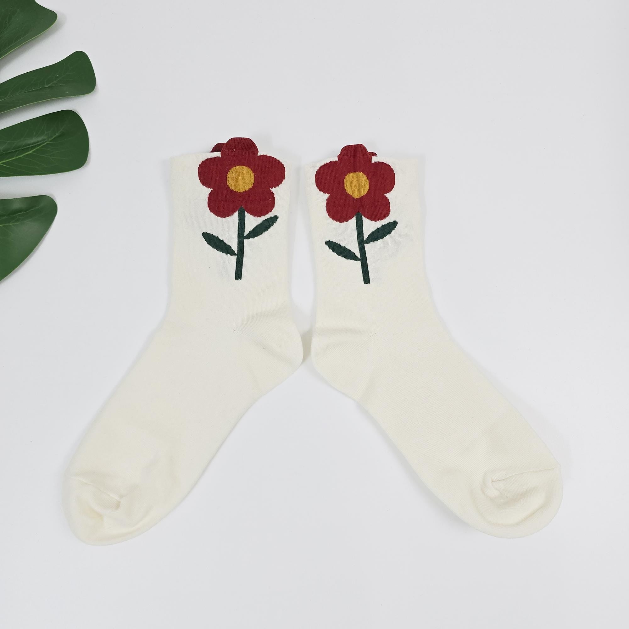 Floral Socks | Cotton Crew Embroidered Cozy | Korean Socks | Cute Gift for Her