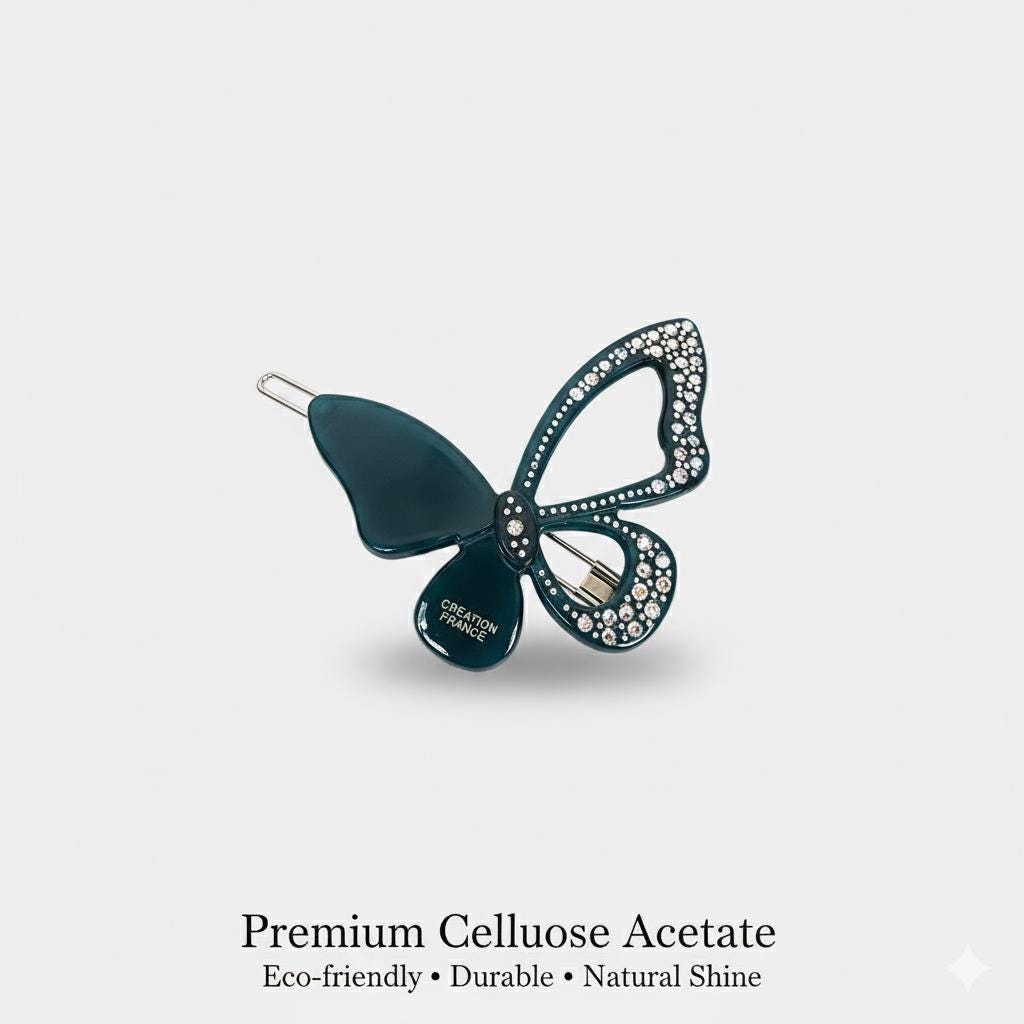 Pure Color Cubic Stone Butterfly Manual Snap Clip Bobby Pin (2.2 Inch) / Vintage French Hair Pin / Bow Barrette for Thin Hair