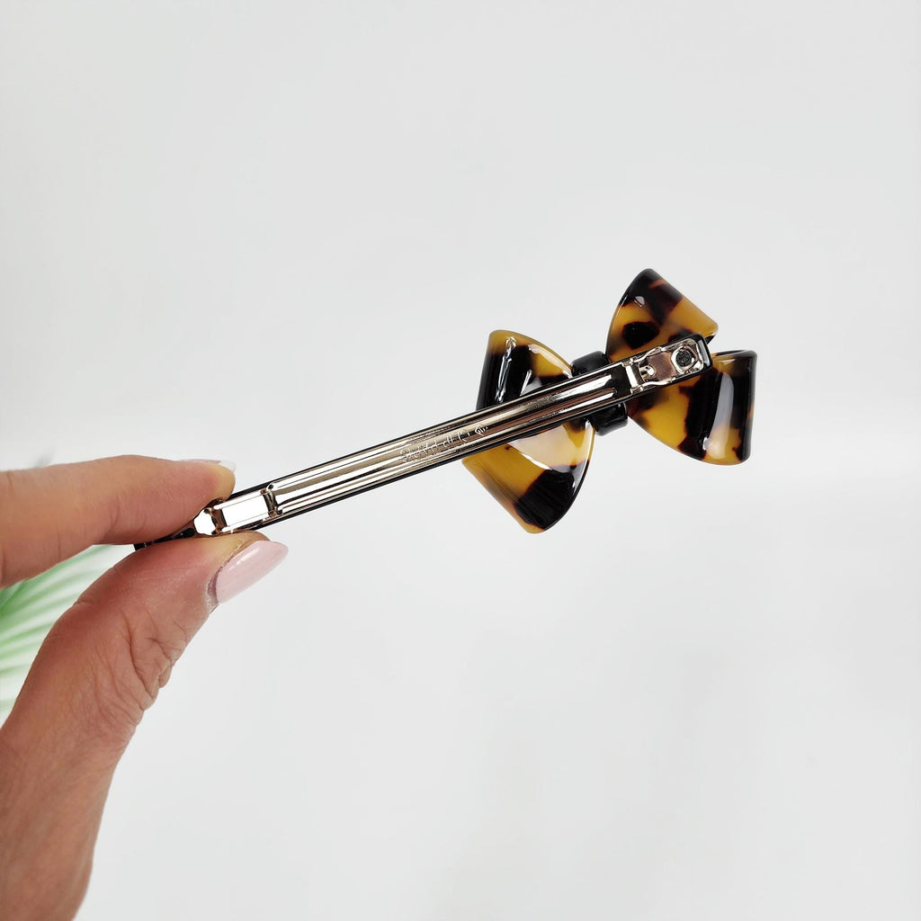 Tortoise Shell Bold Butterfly Ribbon Hair Barrette (4.7 Inch) / Leopard French Hair Pin / Hair Accessory for Woman / Automatic Hair Clip