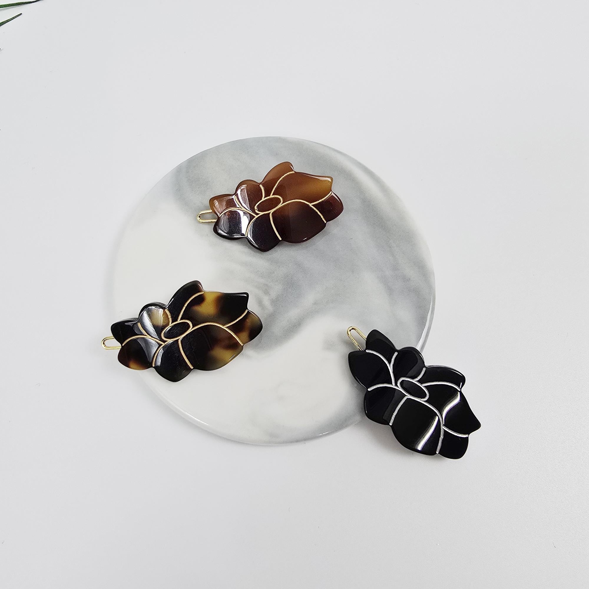 Camellia Floral Acetate Barrette (1.6 Inch) | French Pin | Korean Hair Pin | Small Tortoise Shell Snap Clip