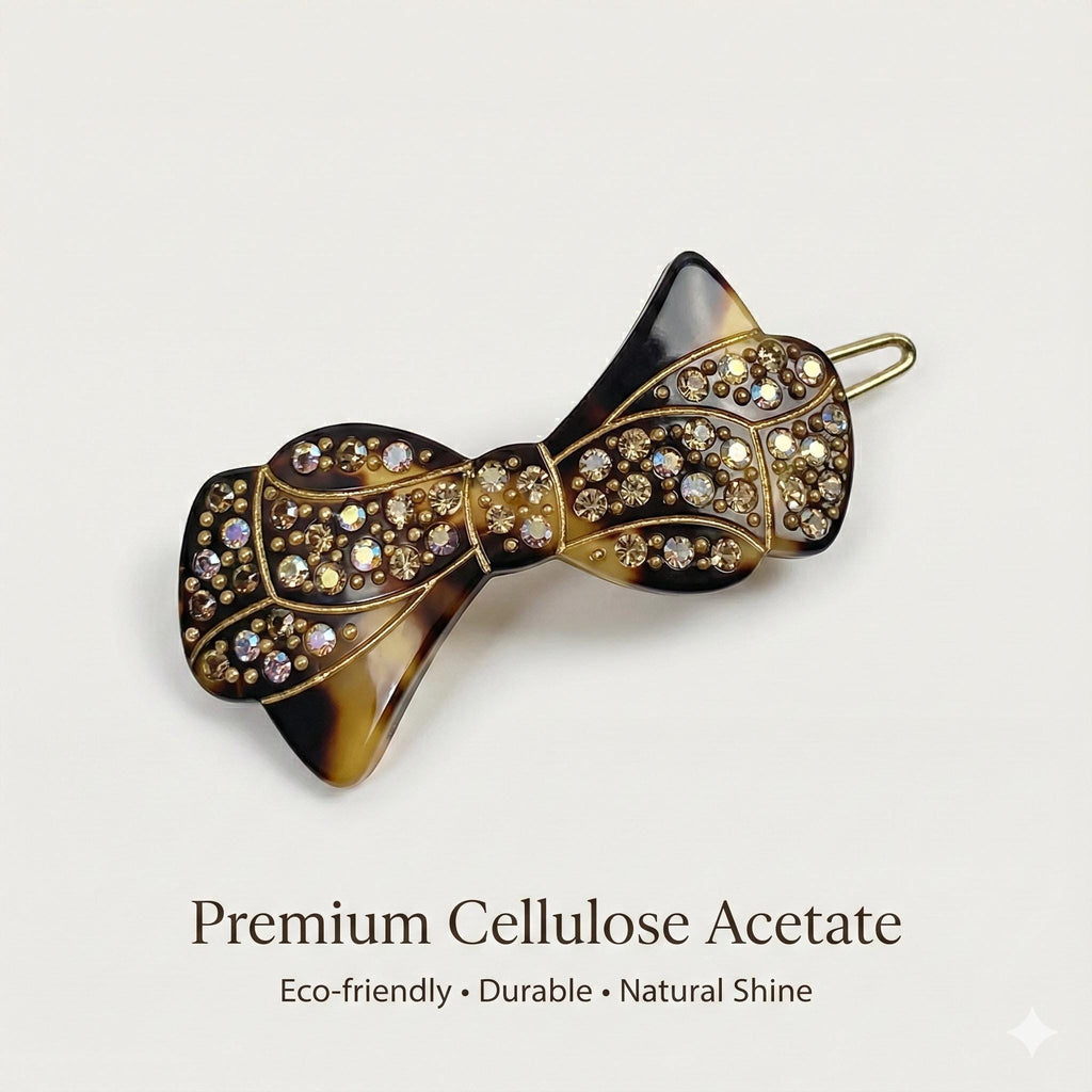 Crystal Bow Barrette (1.8 Inch) | French Pin | Korean Hair Pin | Tortoise Shell Accessories