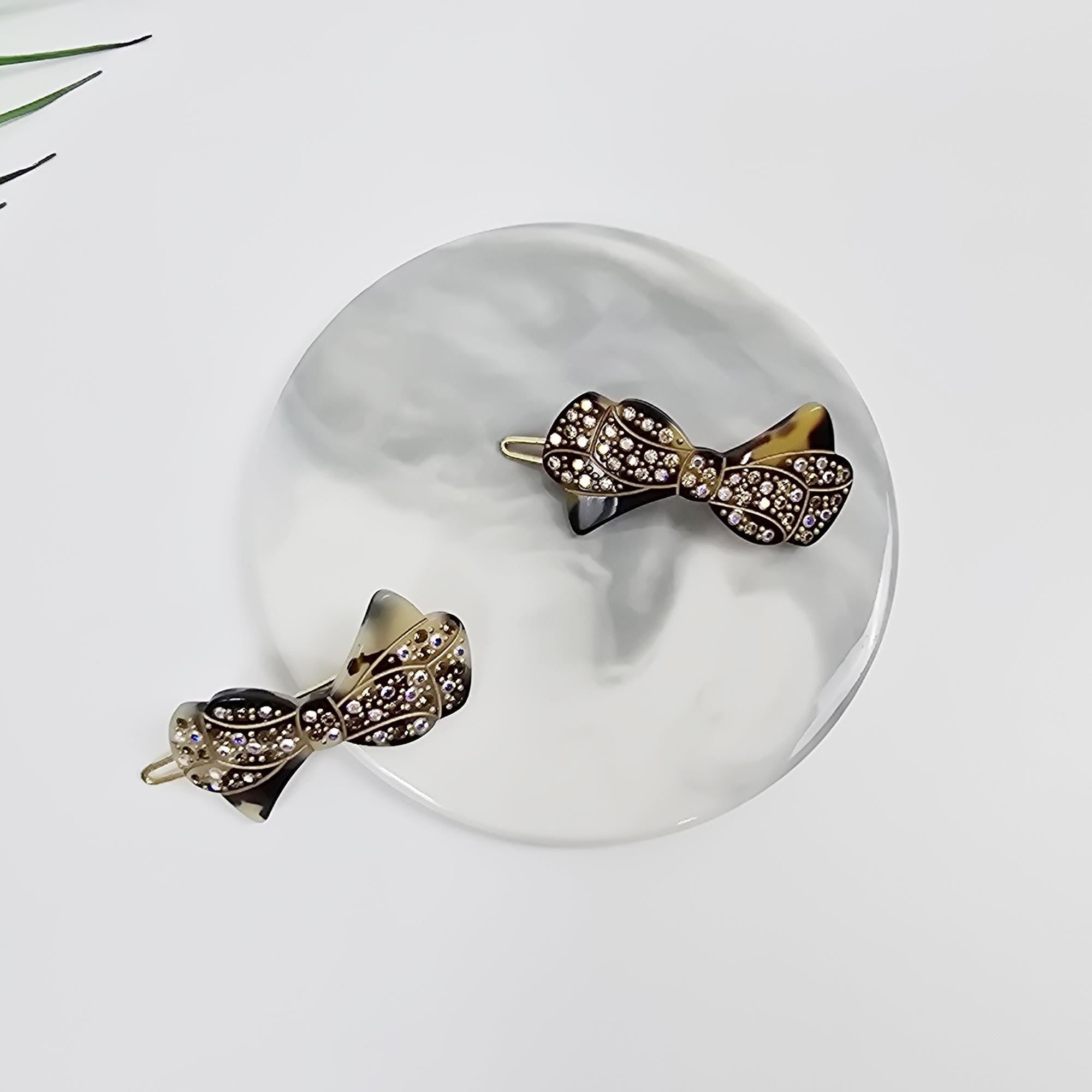 Crystal Bow Barrette (1.8 Inch) | French Pin | Korean Hair Pin | Tortoise Shell Accessories