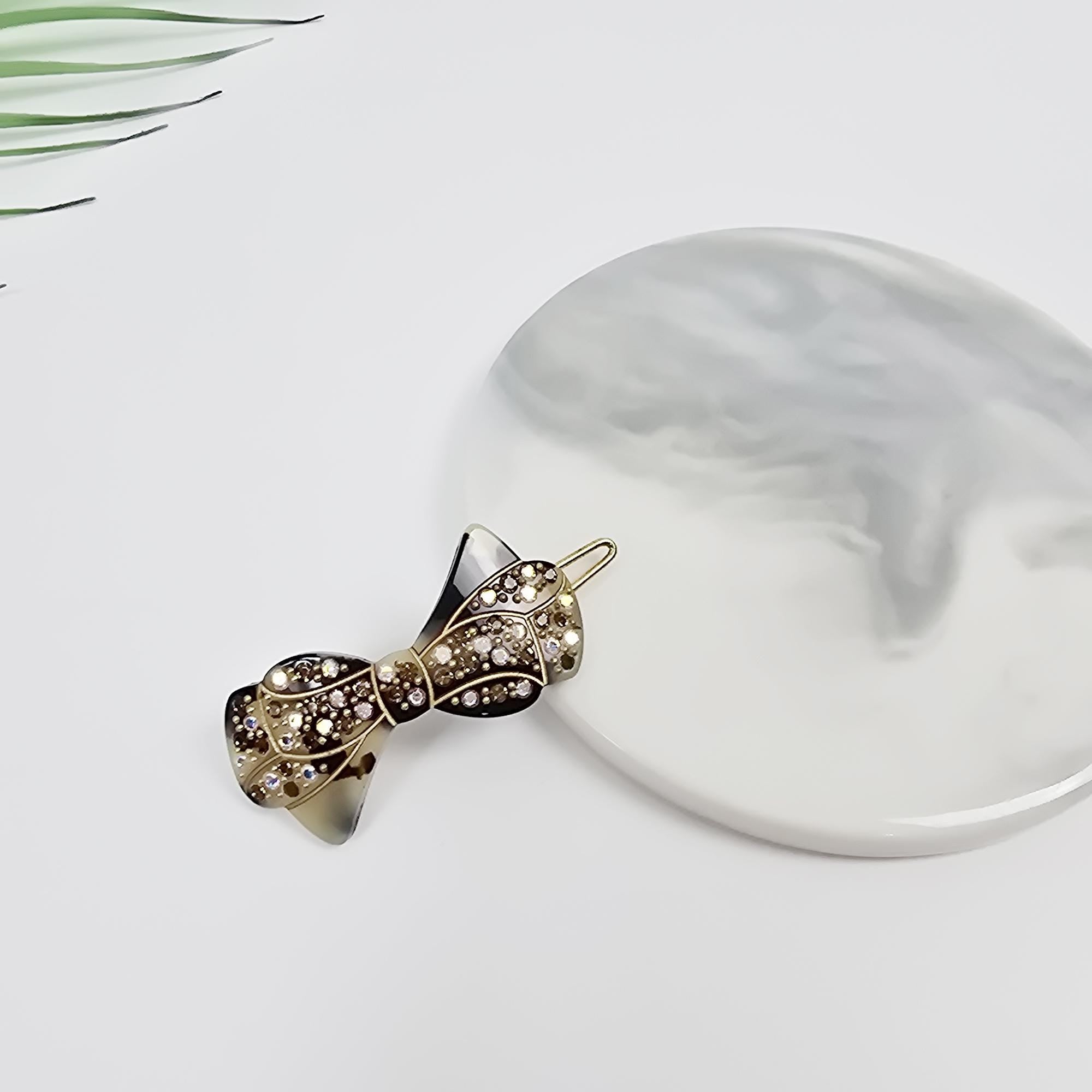 Crystal Bow Barrette (1.8 Inch) | French Pin | Korean Hair Pin | Tortoise Shell Accessories