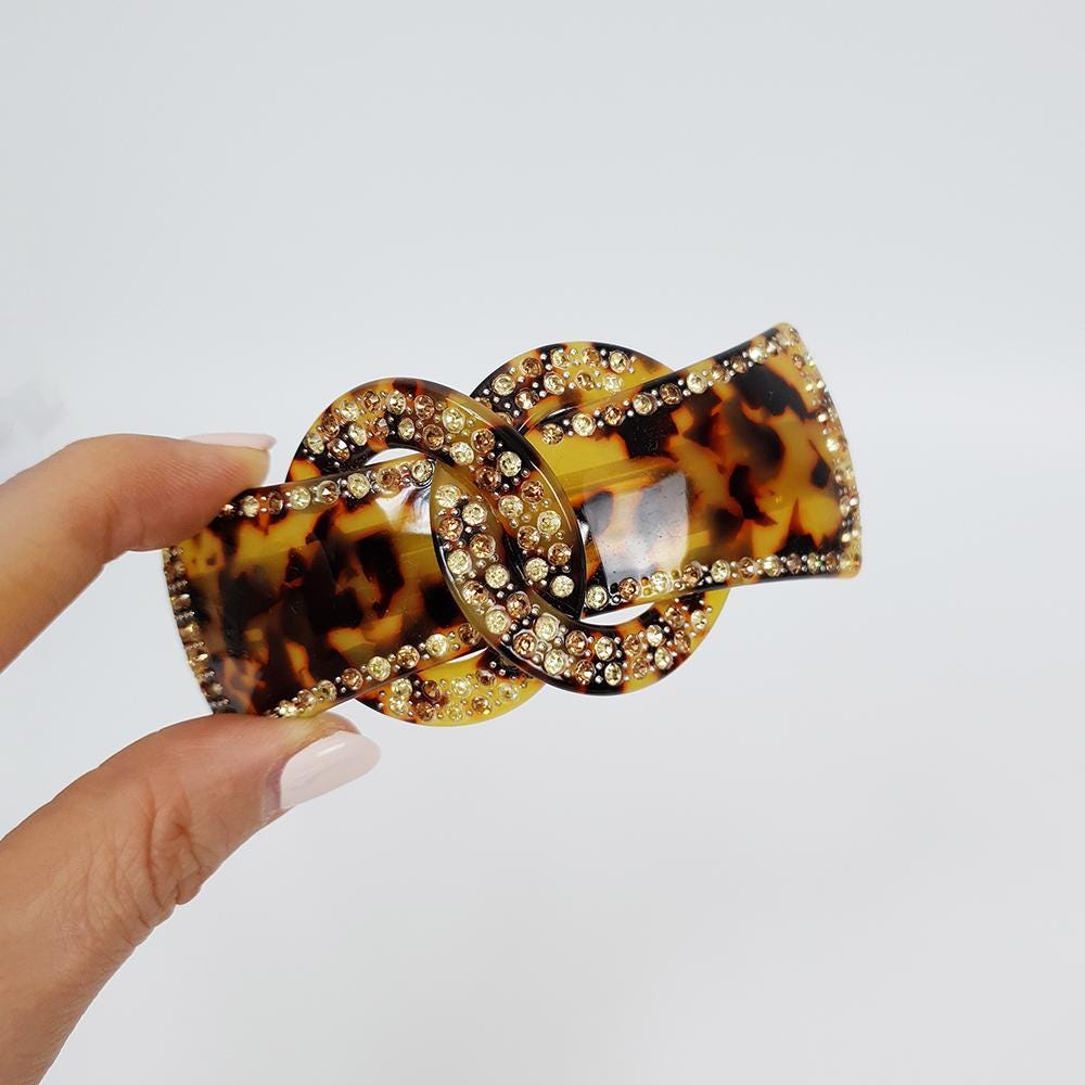 Leopard Luxurious Hair Barrette with Cubic Stone Chain / Tortoise Shell French Hair Pin / Hair Accessory for Woman / Automatic Hair Clip