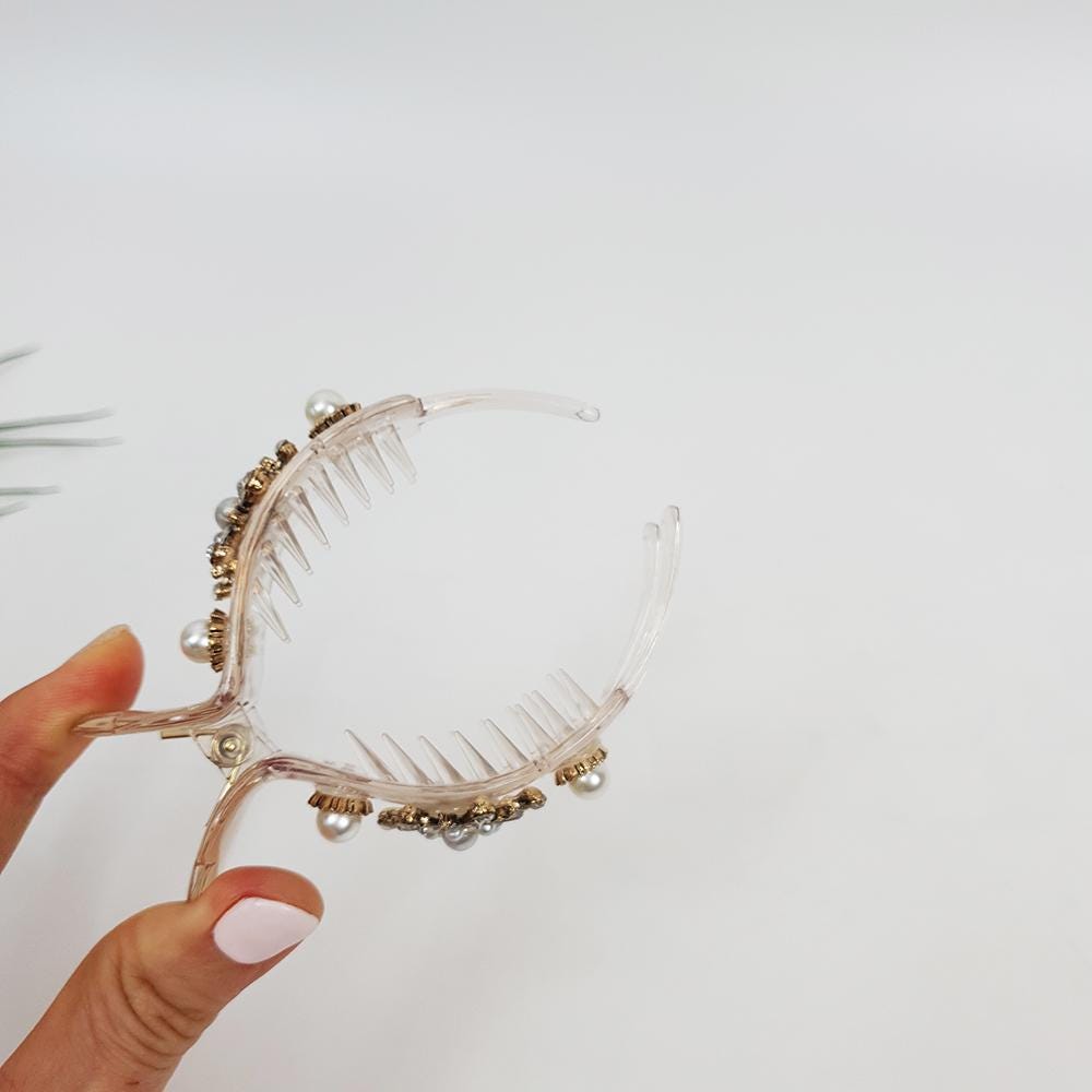 Luxurious Antique Round Cubic Pearl Hair Claw Clip / Vintage Ponytail Hair Claw / Hair Barrette for Woman / Pearl Barrette