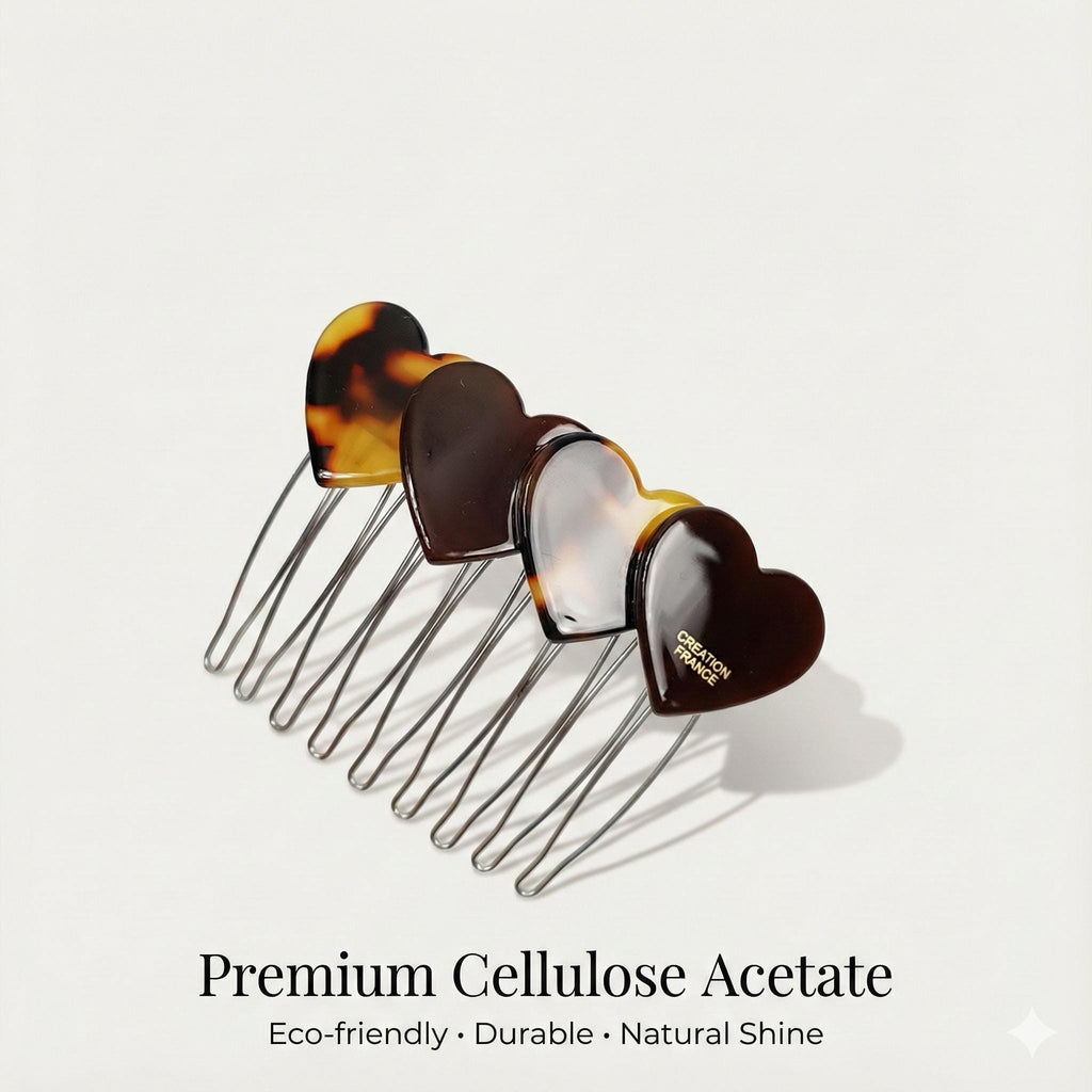 Marble Double Heart Comb Pin with Cubic / Tortoise Shell Hair Pin / Hair Fork for Woman