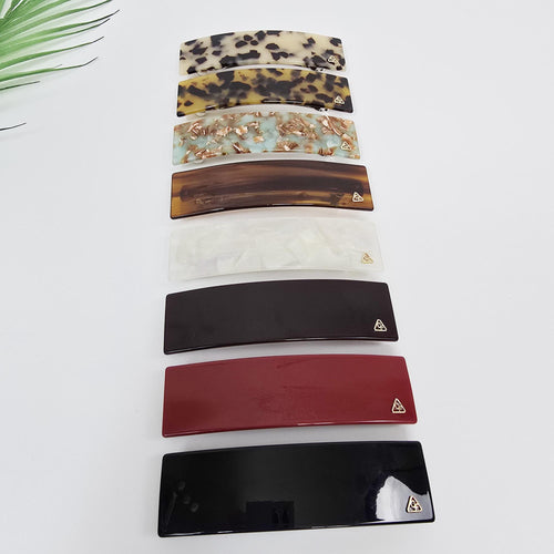 Red Cellulose Acetate rectangular barrette minimalist ponytail holder for women with gold logo detail