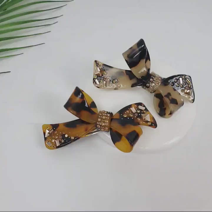 Tortoise Shell Big Double Ribbon Hair Barrette (3.5 Inch) / Luxurious Cellulose French Hair Pin / Automatic Hair Clip for Woman