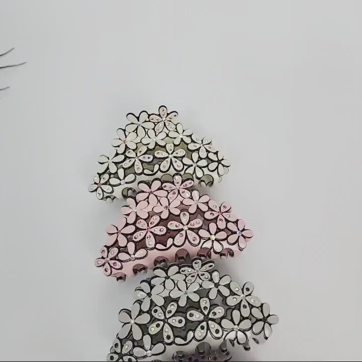 Pastel Color Glittering Blossom Hair Claw Clip (3.3 Inch) / Tortoise Shell Medium Size Ponytail Holder / Hair Barrette for Woman